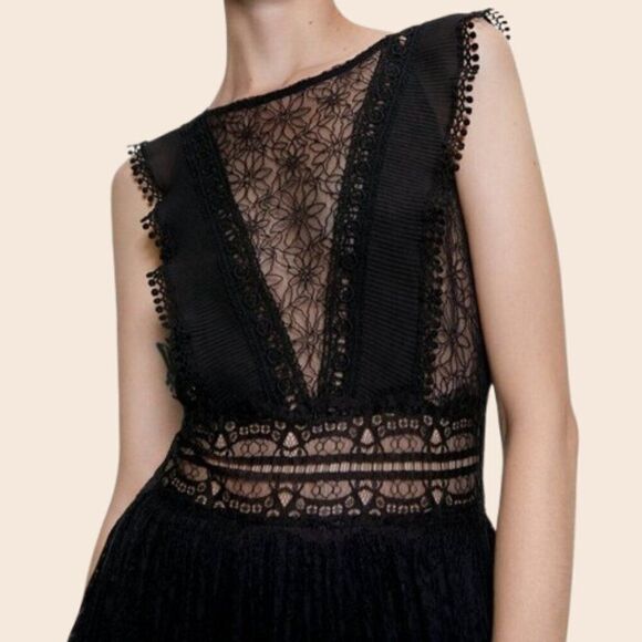 Zara Black Contrasting Lace Dress Midi Dress Size XS - Picture 3 of 14